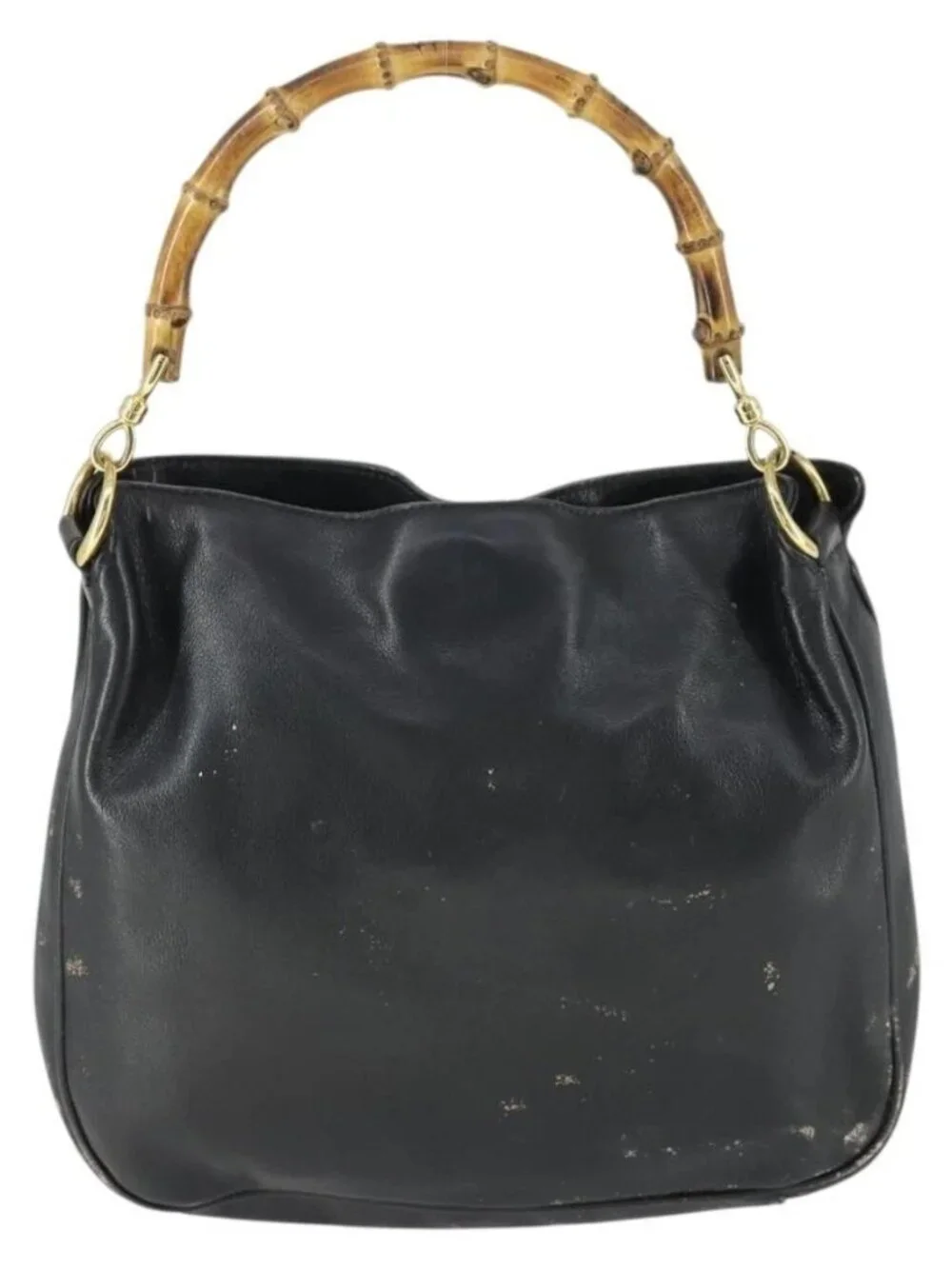 GUCCI Bamboo Hand Bag Leather Black Gold Auth 170494